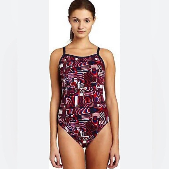 SPEEDO ENDURANCE Cubicle Plus Flyback Swimsuit Polyester Navy/ Red/White Size S - Picture 1 of 8